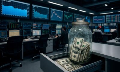 Prompt: A cinematic, melancholy wide shot of a modern, automated financial trading floor in Buenos Aires at night, in 16:9 aspect ratio. The floor is active with digital screens, but in the foreground, completely ignored by the busy traders, a weathered, analog glass jar filled with US $100 dollar bills is hidden inside an open desk drawer. The screens above show a flat blue line representing 'DÓLAR ESTABLE'. A subtle glow from the jar catches the light. The overall perspective emphasizes the persistent hoarding of physical currency outside the digital system. High-resolution cinematic photography, natural lighting, moody atmosphere, no text.
