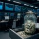 Prompt: A cinematic, melancholy wide shot of a modern, automated financial trading floor in Buenos Aires at night, in 16:9 aspect ratio. The floor is active with digital screens, but in the foreground, completely ignored by the busy traders, a weathered, analog glass jar filled with US $100 dollar bills is hidden inside an open desk drawer. The screens above show a flat blue line representing 'DÓLAR ESTABLE'. A subtle glow from the jar catches the light. The overall perspective emphasizes the persistent hoarding of physical currency outside the digital system. High-resolution cinematic photography, natural lighting, moody atmosphere, no text.