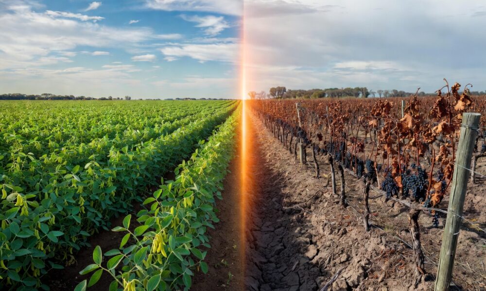 A professional, split-screen composition in 16:9 aspect ratio, illustrating the economic divide in Argentina's agriculture. On the left side, representing the Pampean grain hub (green), a vast, lush soybean field in full bloom under a clear sky. On the right side, representing the regional economies in crisis (deep red), a dusty, parched vineyard with dried grapes and an empty, cracked earth irrigation channel. The divider is subtle and glowing with a faint orange light. High-end financial editorial style, dramatic lighting, rich textures, 8k resolution, no text.