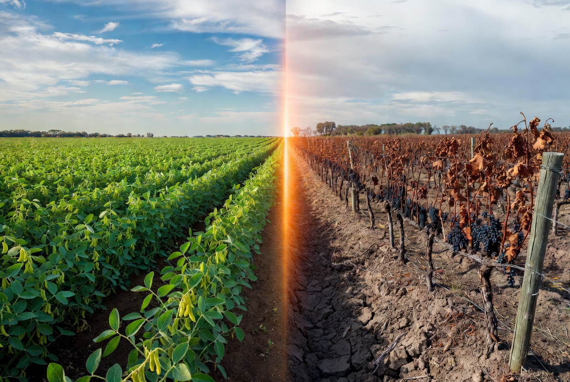A professional, split-screen composition in 16:9 aspect ratio, illustrating the economic divide in Argentina's agriculture. On the left side, representing the Pampean grain hub (green), a vast, lush soybean field in full bloom under a clear sky. On the right side, representing the regional economies in crisis (deep red), a dusty, parched vineyard with dried grapes and an empty, cracked earth irrigation channel. The divider is subtle and glowing with a faint orange light. High-end financial editorial style, dramatic lighting, rich textures, 8k resolution, no text.