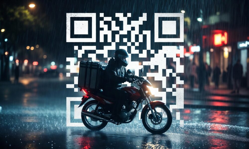 Un montaje que muestra de un lado un código QR gigante y del otro un carnet de afiliado sindical antiguo y desgastado. En el medio, un repartidor en moto cruzando una calle lluviosa de Buenos Aires. Estética de contraste entre lo tecnológico y lo humano. Sin texto.