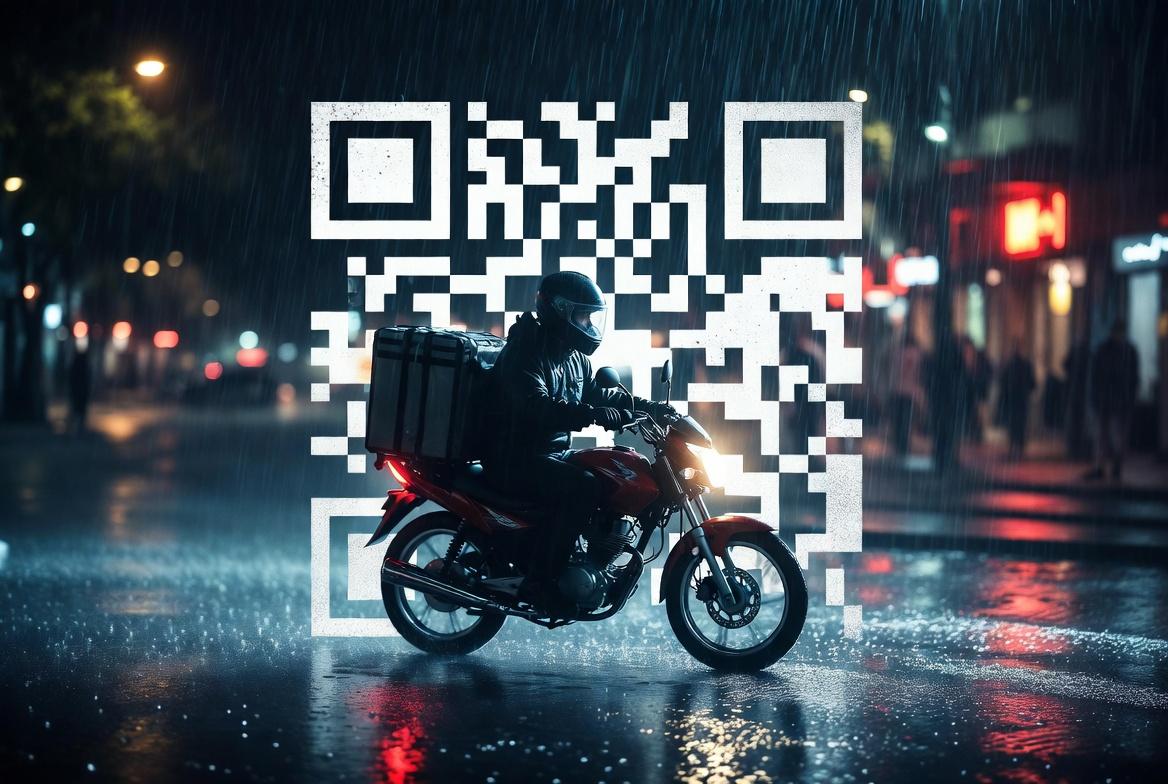 Un montaje que muestra de un lado un código QR gigante y del otro un carnet de afiliado sindical antiguo y desgastado. En el medio, un repartidor en moto cruzando una calle lluviosa de Buenos Aires. Estética de contraste entre lo tecnológico y lo humano. Sin texto.