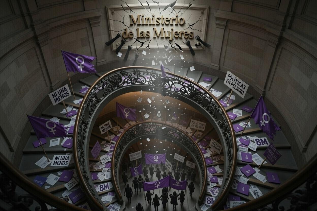 Editorial news illustration about women's rights policies being dismantled in Argentina, symbolic scene: a closed government building with the sign "Ministerio de las Mujeres" being dismantled, purple feminist flags and protest signs in the foreground, women silhouettes marching on March 8, dramatic lighting, newspaper cover style, political illustration, realistic, cinematic, high detail,