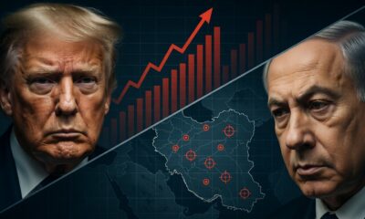 Una composición dividida diagonalmente: en la mitad superior izquierda, el rostro de Donald Trump con expresión sombría frente a una gráfica de barras de precios del petróleo en ascenso vertical; en la mitad inferior derecha, el rostro de Benjamin Netanyahu mirando hacia un mapa táctico de Irán con objetivos marcados en rojo. Alto contraste, iluminación dramática de 'thriller' político, sin texto.