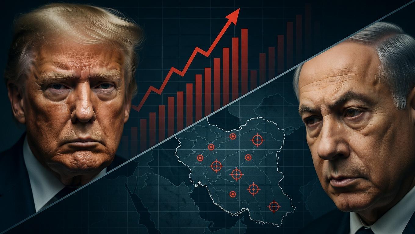 Una composición dividida diagonalmente: en la mitad superior izquierda, el rostro de Donald Trump con expresión sombría frente a una gráfica de barras de precios del petróleo en ascenso vertical; en la mitad inferior derecha, el rostro de Benjamin Netanyahu mirando hacia un mapa táctico de Irán con objetivos marcados en rojo. Alto contraste, iluminación dramática de 'thriller' político, sin texto.