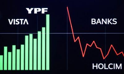 Editorial financial style, 16:9, dark aesthetic, high contrast. A powerful, minimalist silhouette of an offshore oil rig against a deep crimson and gold digital sky, symbolizing the rising Brent/WTI prices. Glowing green data streams representing stock tickers rise like flames from the rig. A central, prominent digital icon of a bull is integrated into the chart, glowing in a sharp green hue. Professional, clean digital interface look, dark background, no text.