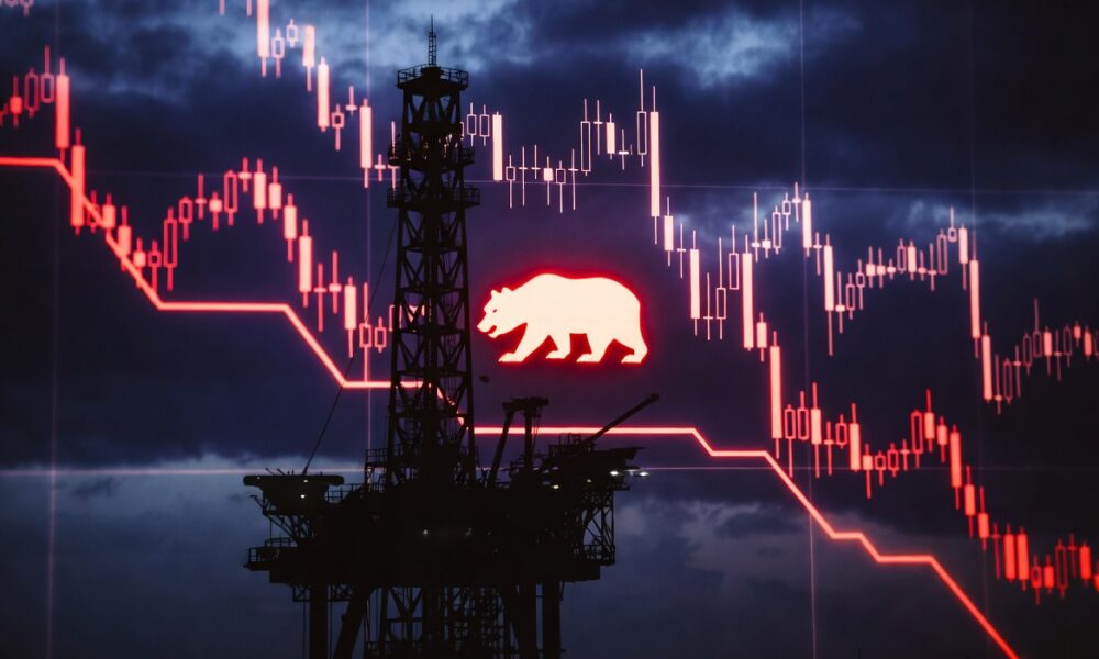 Editorial financial style, 16:9, dark aesthetic, high contrast. A powerful, minimalist silhouette of an offshore oil rig against a deep indigo and crimson digital sky, symbolizing the easing Brent/WTI prices. Faint, downward-trending glowing red data streams representing stock tickers are integrated into the chart, converging towards the lower portion of the frame. A central, prominent digital icon of a 'bear' is integrated into the chart, glowing in a sharp red hue. Professional, clean digital interface look, dark background, no text.