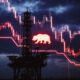 Editorial financial style, 16:9, dark aesthetic, high contrast. A powerful, minimalist silhouette of an offshore oil rig against a deep indigo and crimson digital sky, symbolizing the easing Brent/WTI prices. Faint, downward-trending glowing red data streams representing stock tickers are integrated into the chart, converging towards the lower portion of the frame. A central, prominent digital icon of a 'bear' is integrated into the chart, glowing in a sharp red hue. Professional, clean digital interface look, dark background, no text.