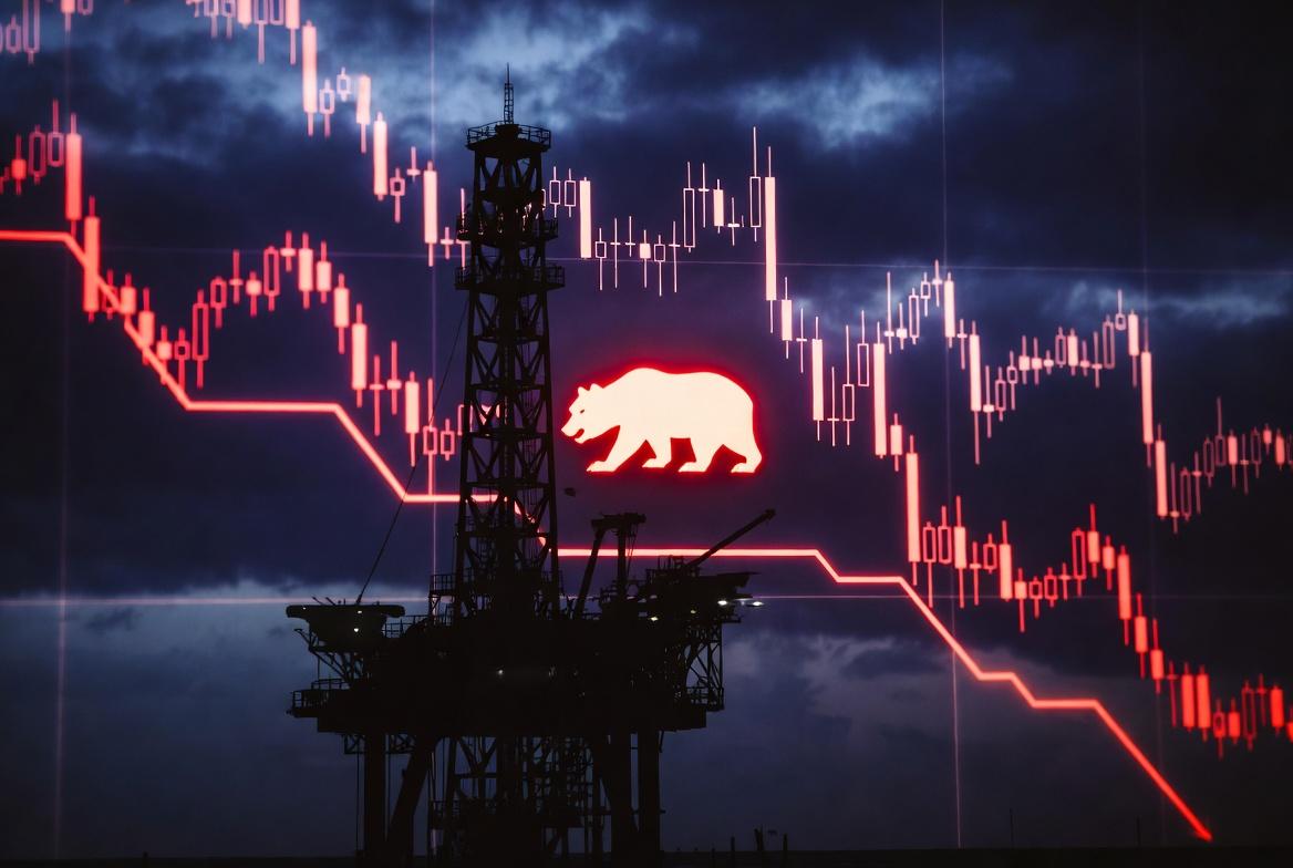 Editorial financial style, 16:9, dark aesthetic, high contrast. A powerful, minimalist silhouette of an offshore oil rig against a deep indigo and crimson digital sky, symbolizing the easing Brent/WTI prices. Faint, downward-trending glowing red data streams representing stock tickers are integrated into the chart, converging towards the lower portion of the frame. A central, prominent digital icon of a 'bear' is integrated into the chart, glowing in a sharp red hue. Professional, clean digital interface look, dark background, no text.
