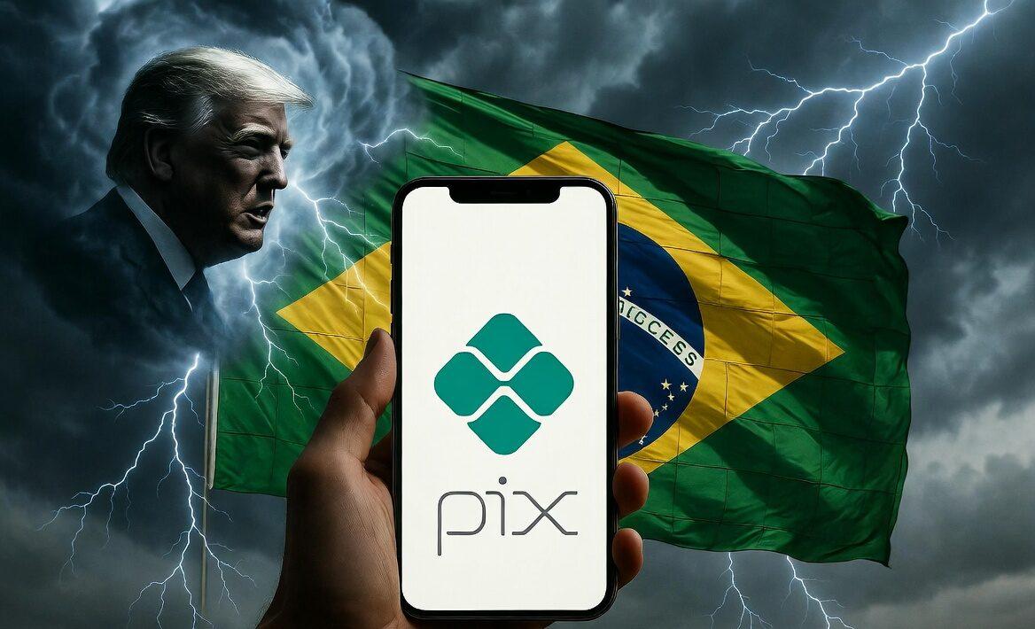 Una ilustración geopolítica dramática en 16:9. En el centro, un smartphone moderno sostenido por una mano firme; la pantalla del teléfono brilla intensamente con el logo de Pix en verde diamante. Detrás del teléfono, la bandera de Brasil se despliega majestuosamente como un escudo protector hecho de luz tejida. Desde la izquierda, nubes de tormenta oscuras con la silueta de Donald Trump lanzan rayos plateados que rebotan contra el escudo de la bandera. Estética de ciber-seguridad, colores vibrantes (verde, amarillo, azul) contrastando con grises metálicos. Sin text