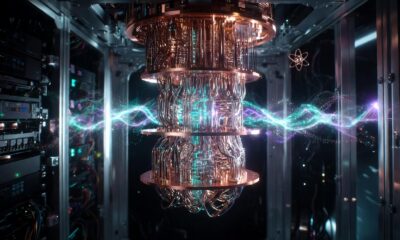 Descripción Visual: Una representación artística y tecnológica de la computación cuántica de alta gama, con estética de "fotografía científica de vanguardia". Sujeto Central: Un procesador cuántico suspendido en el aire, con su característica estructura de "candelabro" de cobre y oro, brillando con una luz interna azul cian y violeta. El procesador emite partículas de luz y líneas de datos que se entrelazan en el espacio. Efectos Cuánticos: Alrededor del procesador, se visualizan representaciones sutiles de átomos y ondas de probabilidad (superposición), creando un efecto de distorsión de la realidad y fragmentos de datos flotantes. Fondo y Atmósfera: Un laboratorio de tecnología profunda, oscuro y minimalista, con paredes de metal pulido y servidores en penumbra. El ambiente es gélido, simbolizando las temperaturas extremas necesarias para la estabilidad cuántica. La iluminación es dramática, con un fuerte contraste entre las sombras y el brillo de los componentes criogénicos. Estilo Artístico: 8k de resolución, estilo futurista elegante, profundidad de campo cinematográfica (bokeh en el fondo), texturas metálicas detalladas y un aire de misterio científico