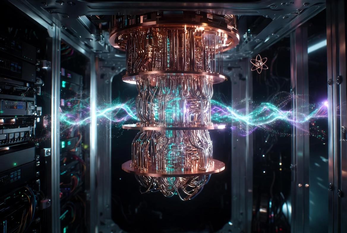 Descripción Visual: Una representación artística y tecnológica de la computación cuántica de alta gama, con estética de "fotografía científica de vanguardia". Sujeto Central: Un procesador cuántico suspendido en el aire, con su característica estructura de "candelabro" de cobre y oro, brillando con una luz interna azul cian y violeta. El procesador emite partículas de luz y líneas de datos que se entrelazan en el espacio. Efectos Cuánticos: Alrededor del procesador, se visualizan representaciones sutiles de átomos y ondas de probabilidad (superposición), creando un efecto de distorsión de la realidad y fragmentos de datos flotantes. Fondo y Atmósfera: Un laboratorio de tecnología profunda, oscuro y minimalista, con paredes de metal pulido y servidores en penumbra. El ambiente es gélido, simbolizando las temperaturas extremas necesarias para la estabilidad cuántica. La iluminación es dramática, con un fuerte contraste entre las sombras y el brillo de los componentes criogénicos. Estilo Artístico: 8k de resolución, estilo futurista elegante, profundidad de campo cinematográfica (bokeh en el fondo), texturas metálicas detalladas y un aire de misterio científico