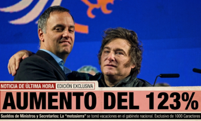 Javier Milei abrazando a Manuel Adorni, con el texto superpuesto AUMENTO DEL 123% en portada periodística.