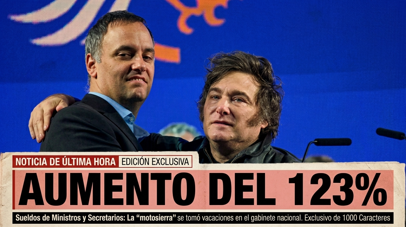 Javier Milei abrazando a Manuel Adorni, con el texto superpuesto AUMENTO DEL 123% en portada periodística.