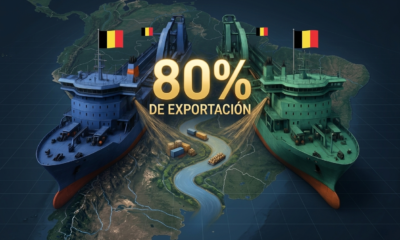 A conceptual editorial illustration for a financial news portal, 16:9 aspect ratio, visualizing the competition for the Hidrovía Paraná-Paraguay in April 2026. Two massive, futuristic dredging ships, glowing faintly in contrasting deep blue (labeled subtly with a small stylized 'JdN' logo) and metallic green (labeled with a small 'DEME' logo), are positioned on opposite sides of a wide, curving river that represents the 'HIDROVÍA PARANÁ-PARAGUAY'. They are actively pulling against a centralized, glowing gold data point that reads '80% EXPORTACIONES'. Behind them, a digital map of Argentina highlights the fluvial route. Futuristic financial visualization style, dark tones with vibrant gold and blue accents, high contrast, 8k resolution, no text.