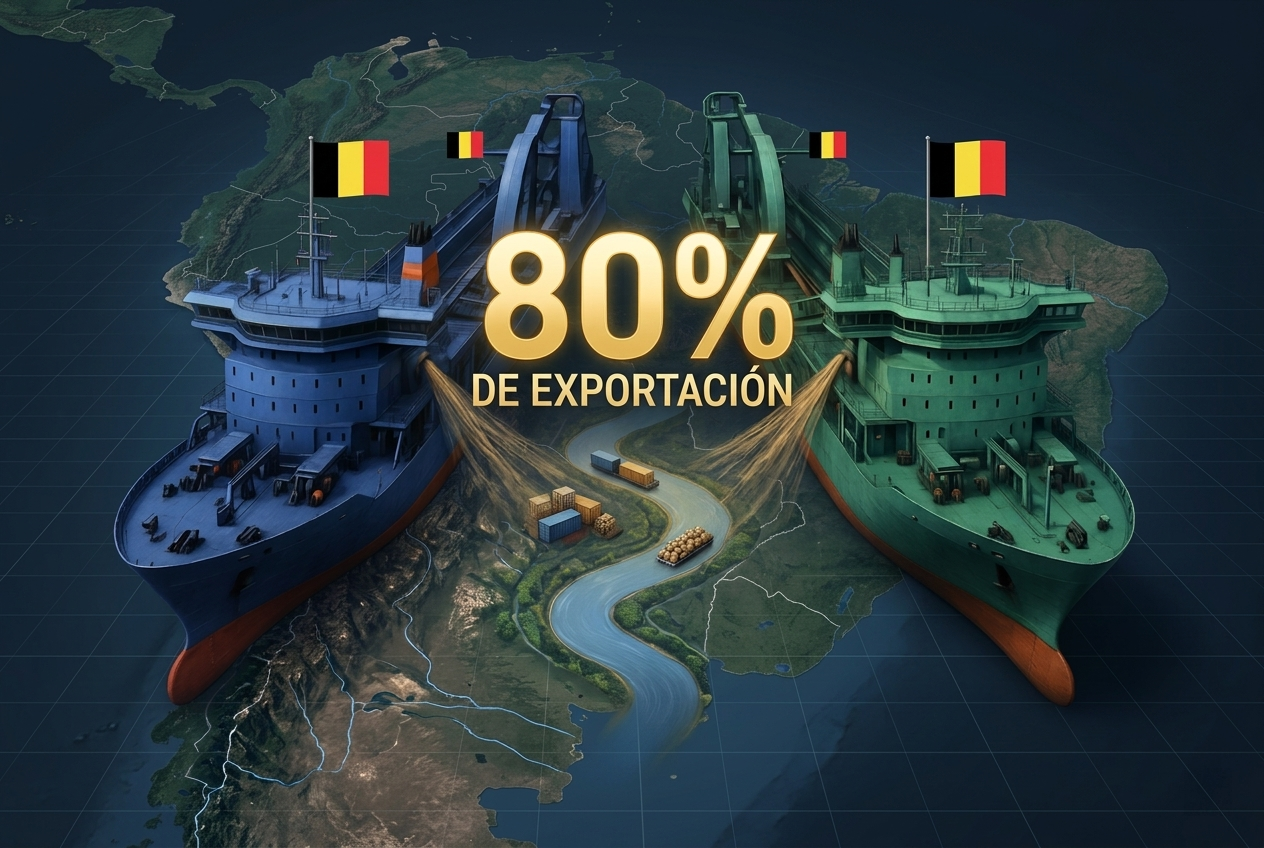 A conceptual editorial illustration for a financial news portal, 16:9 aspect ratio, visualizing the competition for the Hidrovía Paraná-Paraguay in April 2026. Two massive, futuristic dredging ships, glowing faintly in contrasting deep blue (labeled subtly with a small stylized 'JdN' logo) and metallic green (labeled with a small 'DEME' logo), are positioned on opposite sides of a wide, curving river that represents the 'HIDROVÍA PARANÁ-PARAGUAY'. They are actively pulling against a centralized, glowing gold data point that reads '80% EXPORTACIONES'. Behind them, a digital map of Argentina highlights the fluvial route. Futuristic financial visualization style, dark tones with vibrant gold and blue accents, high contrast, 8k resolution, no text.