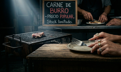 Portada periodística con una parrilla argentina tradicional que tiene un solo corte de carne pequeño y extraño, mientras que en el fondo se ve un cartel de oferta en una carnicería que dice "CARNE DE BURRO - PRECIO POPULAR". Unas manos con anillos ostentosos sostienen un cubierto de plata frente al plato vacío.