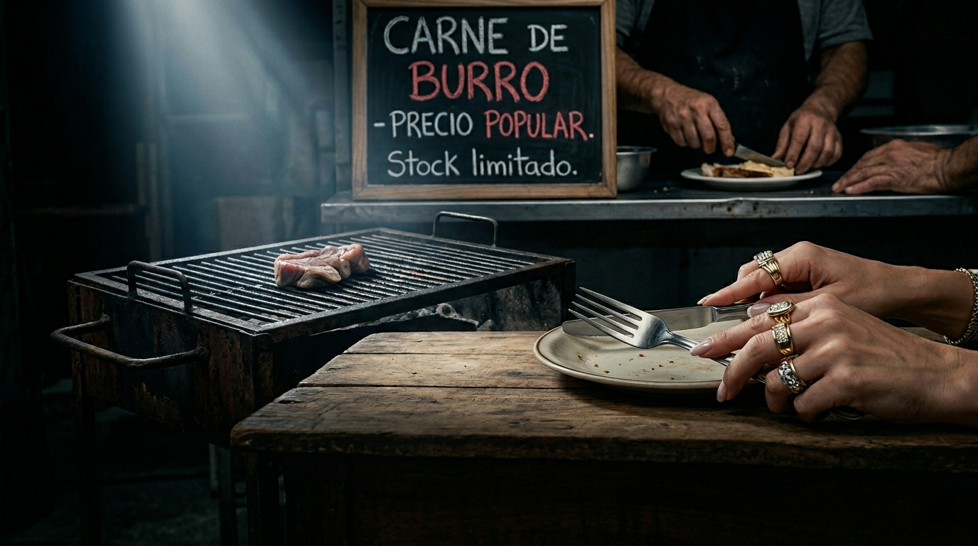 Portada periodística con una parrilla argentina tradicional que tiene un solo corte de carne pequeño y extraño, mientras que en el fondo se ve un cartel de oferta en una carnicería que dice "CARNE DE BURRO - PRECIO POPULAR". Unas manos con anillos ostentosos sostienen un cubierto de plata frente al plato vacío.