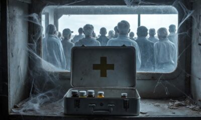 Una imagen dramática que muestra un botiquín de primeros auxilios metálico, abierto y casi vacío en una estantería de un centro de salud humilde. Solo quedan tres frascos de remedios en un rincón, mientras el resto del espacio está cubierto de polvo. A través de una ventana, se ve una fila de personas mayores esperando bajo un cielo nublado. Estética de abandono y urgencia social. Sin texto.