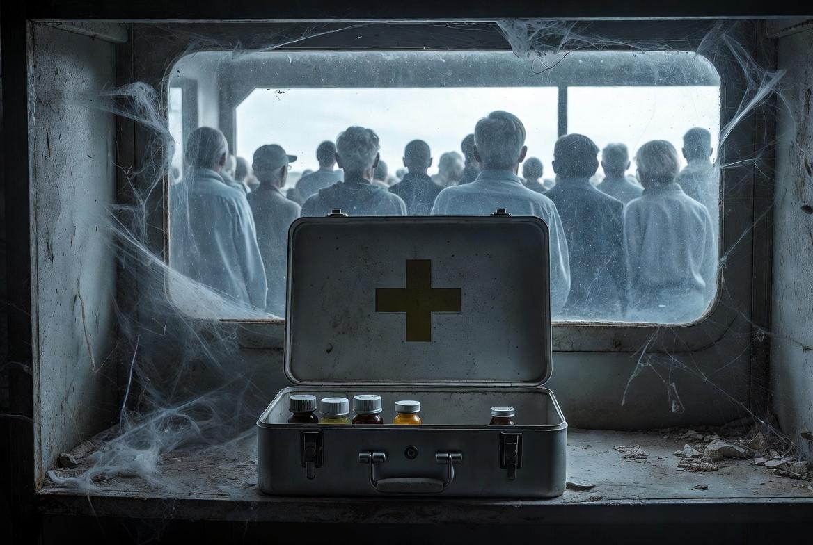 Una imagen dramática que muestra un botiquín de primeros auxilios metálico, abierto y casi vacío en una estantería de un centro de salud humilde. Solo quedan tres frascos de remedios en un rincón, mientras el resto del espacio está cubierto de polvo. A través de una ventana, se ve una fila de personas mayores esperando bajo un cielo nublado. Estética de abandono y urgencia social. Sin texto.