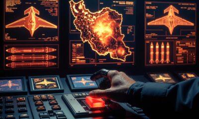 Portada Sugerida (16:9) Descripción: Una imagen conceptual de un tablero de mando militar futurista en tonos ámbar y rojo. En las pantallas se ven mapas de calor de Irán y siluetas de bombarderos B-2 y misiles intercontinentales. En el centro, un primer plano de una mano enguantada cerca de un interruptor de seguridad. Estética de thriller geopolítico de alta tensión. Sin texto.