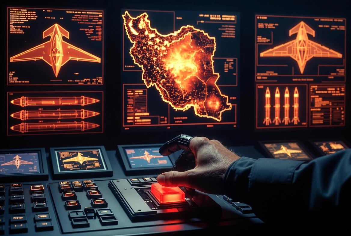 Portada Sugerida (16:9) Descripción: Una imagen conceptual de un tablero de mando militar futurista en tonos ámbar y rojo. En las pantallas se ven mapas de calor de Irán y siluetas de bombarderos B-2 y misiles intercontinentales. En el centro, un primer plano de una mano enguantada cerca de un interruptor de seguridad. Estética de thriller geopolítico de alta tensión. Sin texto.