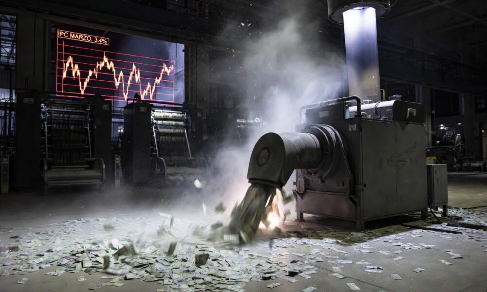 A cinematic wide shot of a massive, modern automated currency printing facility in Buenos Aires at night, in 16:9 aspect ratio. The printing presses are stopped and dark. In the foreground, a massive industrial vacuum-like machine, labeled with a subtle 'BCRA' logo, is actively sucking up piles of physical Argentine peso bills from the floor. The air is thick with dust and static electricity. Through a large window, a digital screen displays a volatile red graph showing 'IPC MARZO: 3.4%'. High-resolution cinematic photography, natural lighting from the machines, moody atmosphere, emphasis on the scale of the currency removal, no text.