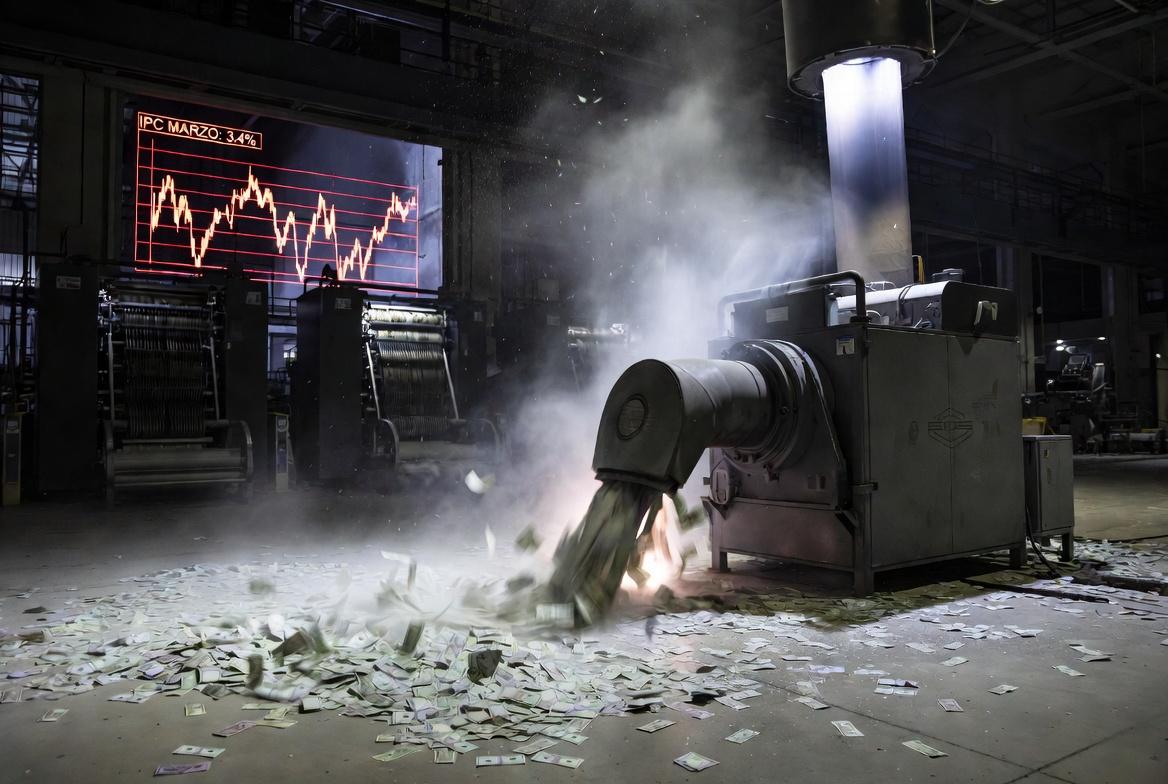 A cinematic wide shot of a massive, modern automated currency printing facility in Buenos Aires at night, in 16:9 aspect ratio. The printing presses are stopped and dark. In the foreground, a massive industrial vacuum-like machine, labeled with a subtle 'BCRA' logo, is actively sucking up piles of physical Argentine peso bills from the floor. The air is thick with dust and static electricity. Through a large window, a digital screen displays a volatile red graph showing 'IPC MARZO: 3.4%'. High-resolution cinematic photography, natural lighting from the machines, moody atmosphere, emphasis on the scale of the currency removal, no text.