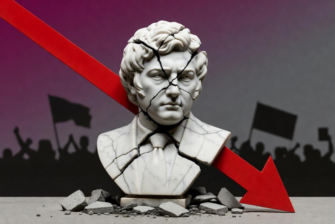 Una ilustración conceptual que muestra un busto de mármol de Javier Milei con grietas profundas que lo recorren. El fondo es un degradado de violeta a gris oscuro, con siluetas de personas en manifestación de fondo muy desenfocadas. En primer plano, una flecha de gráfico financiero que cae verticalmente rompiendo el suelo. Estética de colapso político y tensión. Sin texto.