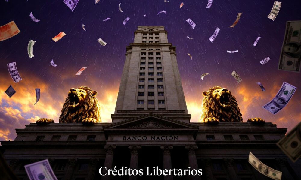 Un montaje cinematográfico que muestra la fachada imponente del Banco Nación frente a Plaza de Mayo. En primer plano, una lluvia de billetes de mil pesos y una silueta desenfocada de un hombre con traje de oficina sosteniendo una carpeta de crédito. Estética de denuncia política con tonos azules y dorados. Sin texto.