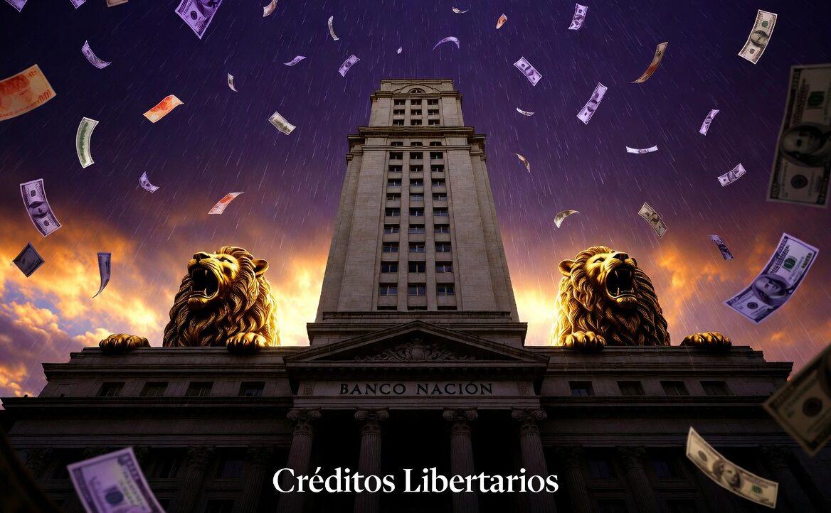 Un montaje cinematográfico que muestra la fachada imponente del Banco Nación frente a Plaza de Mayo. En primer plano, una lluvia de billetes de mil pesos y una silueta desenfocada de un hombre con traje de oficina sosteniendo una carpeta de crédito. Estética de denuncia política con tonos azules y dorados. Sin texto.