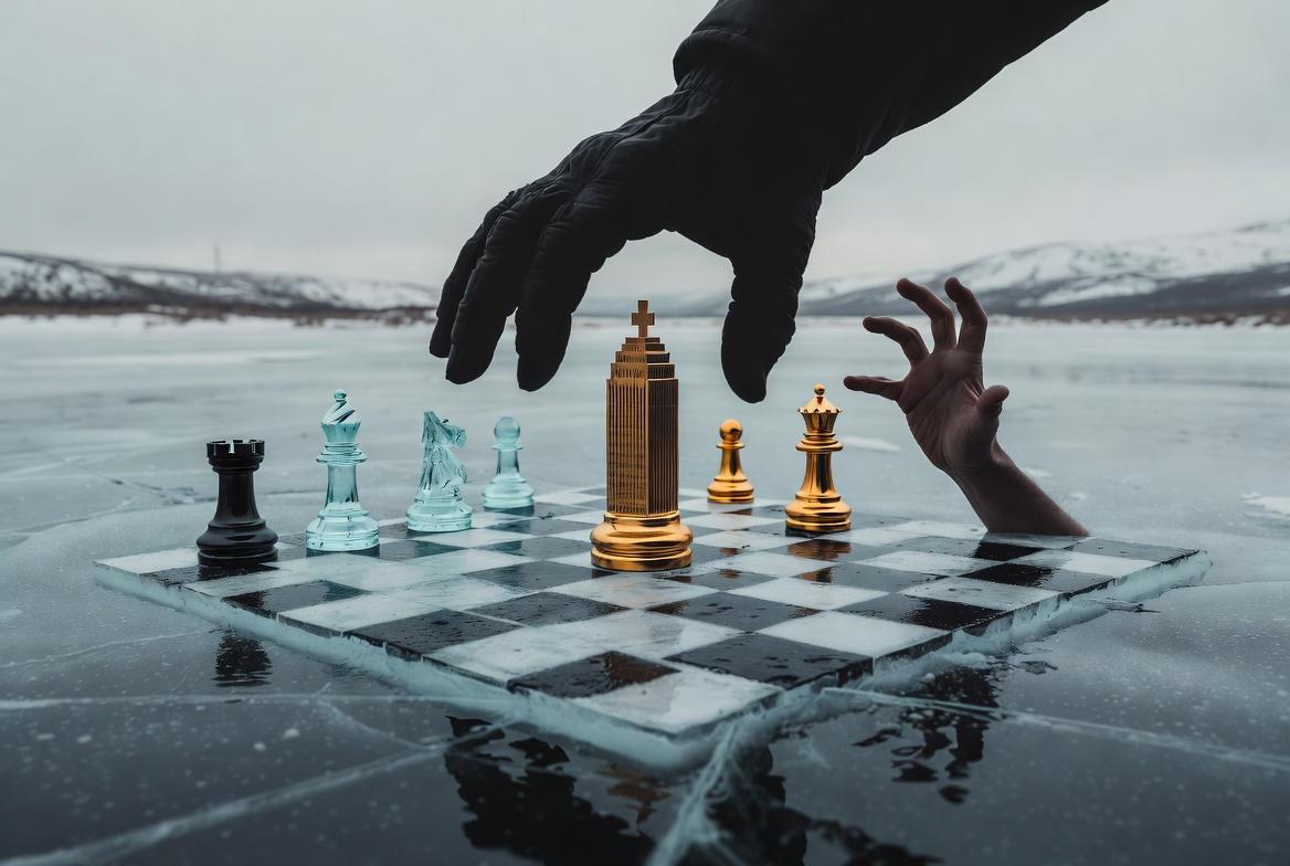 Prompt: 16:9, a conceptual image of a chessboard set on a frozen landscape. The pieces are stylized representations of government buildings and natural resources. A large, gloved hand from above is strategically moving a piece in Alberta, while a smaller, desperate hand tries to block the move. The colors are muted—grey, ice blue, and metallic gold. Sharp focus, dramatic lighting, suspenseful and professional editorial design.