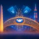 Prompt: Una composición visual hiperrealista que muestra un puente de luz digital formado por circuitos dorados y códigos binarios, uniendo el Obelisco de Buenos Aires con el skyline futurista de Shanghái envuelto en una bruma neón. En el centro del puente, el logo de Mercado Pago brilla con una intensidad eléctrica, mientras sombras de billetes de yuanes y pesos se entrelazan en el aire. Estética cinematográfica, tonos azules profundos y dorados, transmitiendo una sensación de conexión global y tensión financiera. Sin texto.