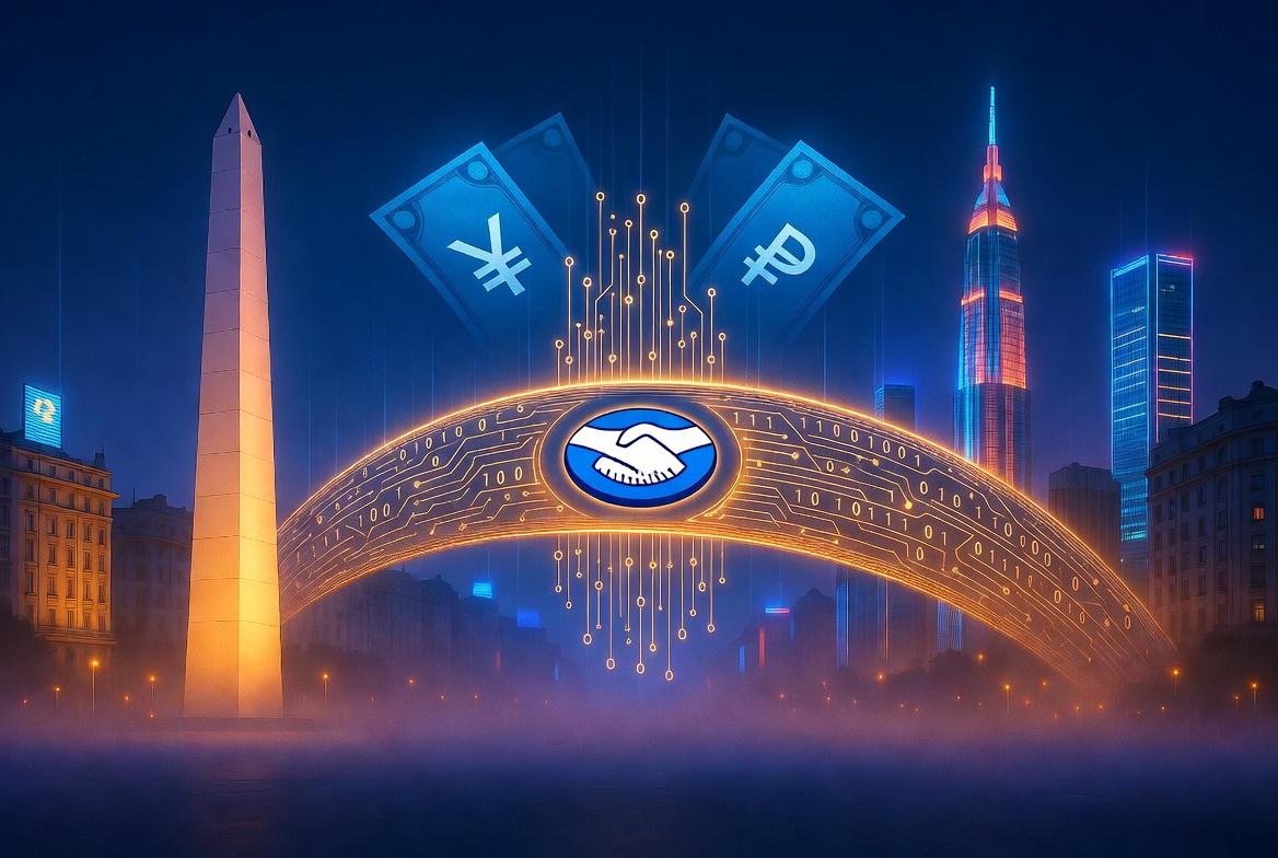 Prompt: Una composición visual hiperrealista que muestra un puente de luz digital formado por circuitos dorados y códigos binarios, uniendo el Obelisco de Buenos Aires con el skyline futurista de Shanghái envuelto en una bruma neón. En el centro del puente, el logo de Mercado Pago brilla con una intensidad eléctrica, mientras sombras de billetes de yuanes y pesos se entrelazan en el aire. Estética cinematográfica, tonos azules profundos y dorados, transmitiendo una sensación de conexión global y tensión financiera. Sin texto.