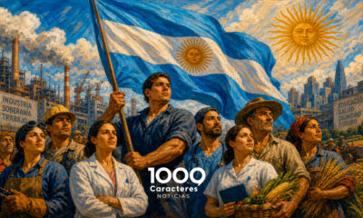 Majestic oil painting mural in a heroic nationalist style, depicting a diverse group of Argentine workers, including men and women from various sectors like industry, healthcare, and agriculture, working together in unity. In the center, a large and vibrant Argentine flag waves proudly. The workers have strong, expressive faces and determined gazes. The background features a bright cerulean sky with white clouds and a soft golden Sun of May. Vivid colors, textured brushstrokes, 16:9.