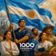 Majestic oil painting mural in a heroic nationalist style, depicting a diverse group of Argentine workers, including men and women from various sectors like industry, healthcare, and agriculture, working together in unity. In the center, a large and vibrant Argentine flag waves proudly. The workers have strong, expressive faces and determined gazes. The background features a bright cerulean sky with white clouds and a soft golden Sun of May. Vivid colors, textured brushstrokes, 16:9.