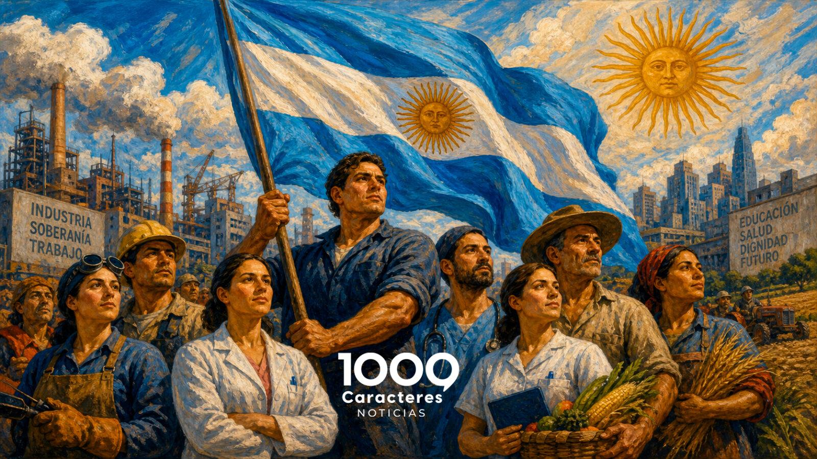 Majestic oil painting mural in a heroic nationalist style, depicting a diverse group of Argentine workers, including men and women from various sectors like industry, healthcare, and agriculture, working together in unity. In the center, a large and vibrant Argentine flag waves proudly. The workers have strong, expressive faces and determined gazes. The background features a bright cerulean sky with white clouds and a soft golden Sun of May. Vivid colors, textured brushstrokes, 16:9.