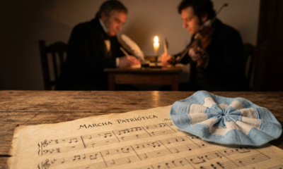 Una imagen de primer plano de un partitura antigua, amarillenta por el tiempo, donde se lee claramente "Marcha Patriótica". Sobre la partitura, descansa una escarapela argentina tejida a mano. El fondo es un desenfoque cálido que sugiere un salón histórico del siglo XIX iluminado por velas. Estética solemne y emotiva. Sin texto.