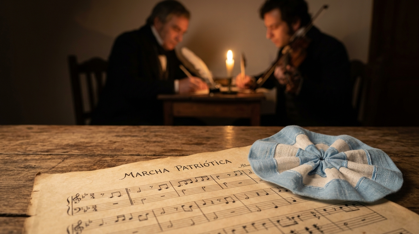 Una imagen de primer plano de un partitura antigua, amarillenta por el tiempo, donde se lee claramente "Marcha Patriótica". Sobre la partitura, descansa una escarapela argentina tejida a mano. El fondo es un desenfoque cálido que sugiere un salón histórico del siglo XIX iluminado por velas. Estética solemne y emotiva. Sin texto.