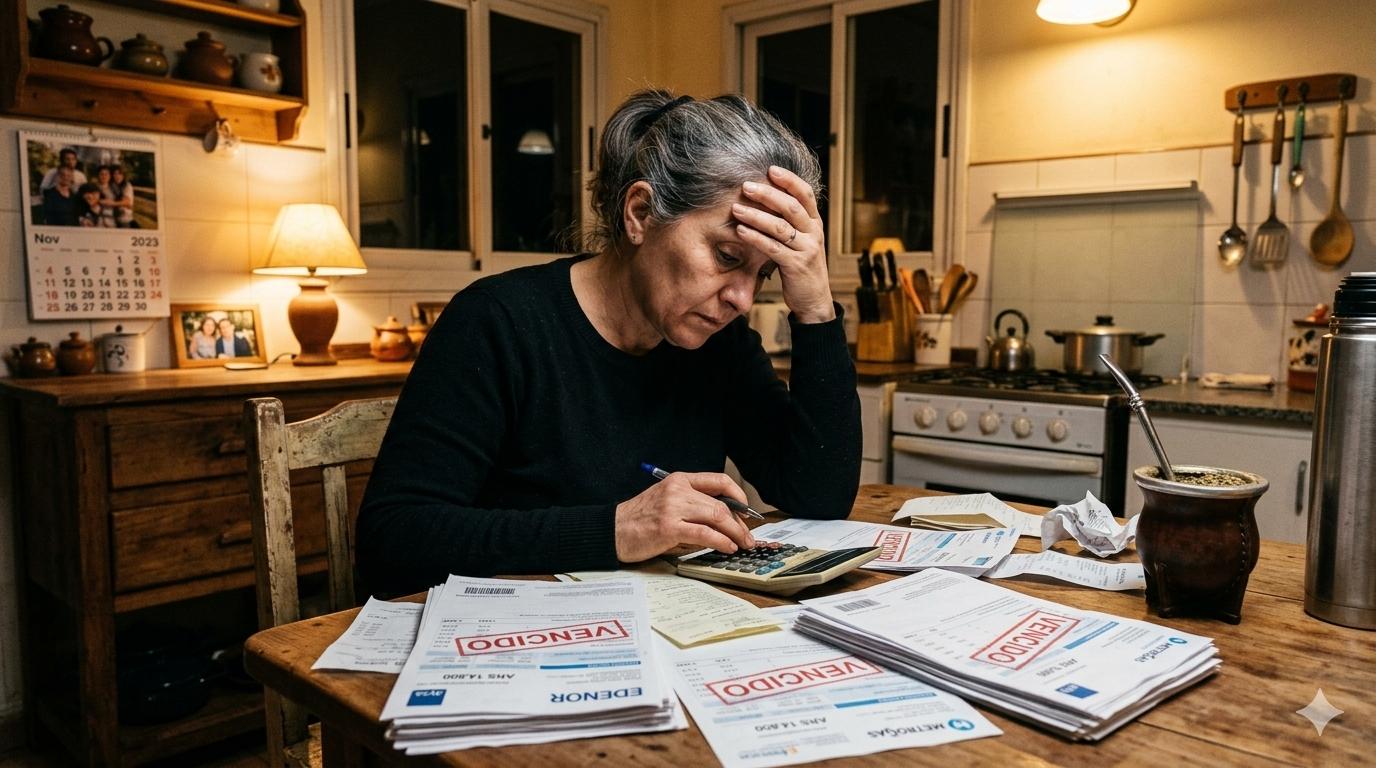 Mujer revisa facturas vencidas y calcula sus deudas en la mesa de la cocina