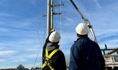 Trabajadores de la empresa realizando tareas de mantenimiento en un poste de electricidad