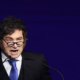 El presidente Javier Milei durante un discurso, en referencia al ataque de Milei a una periodista
