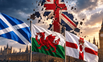 Banderas de Escocia, Gales e Irlanda del Norte junto al Big Ben y la bandera del Reino Unido