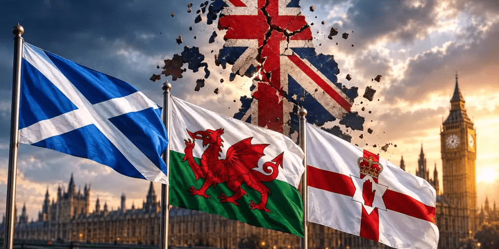 Banderas de Escocia, Gales e Irlanda del Norte junto al Big Ben y la bandera del Reino Unido