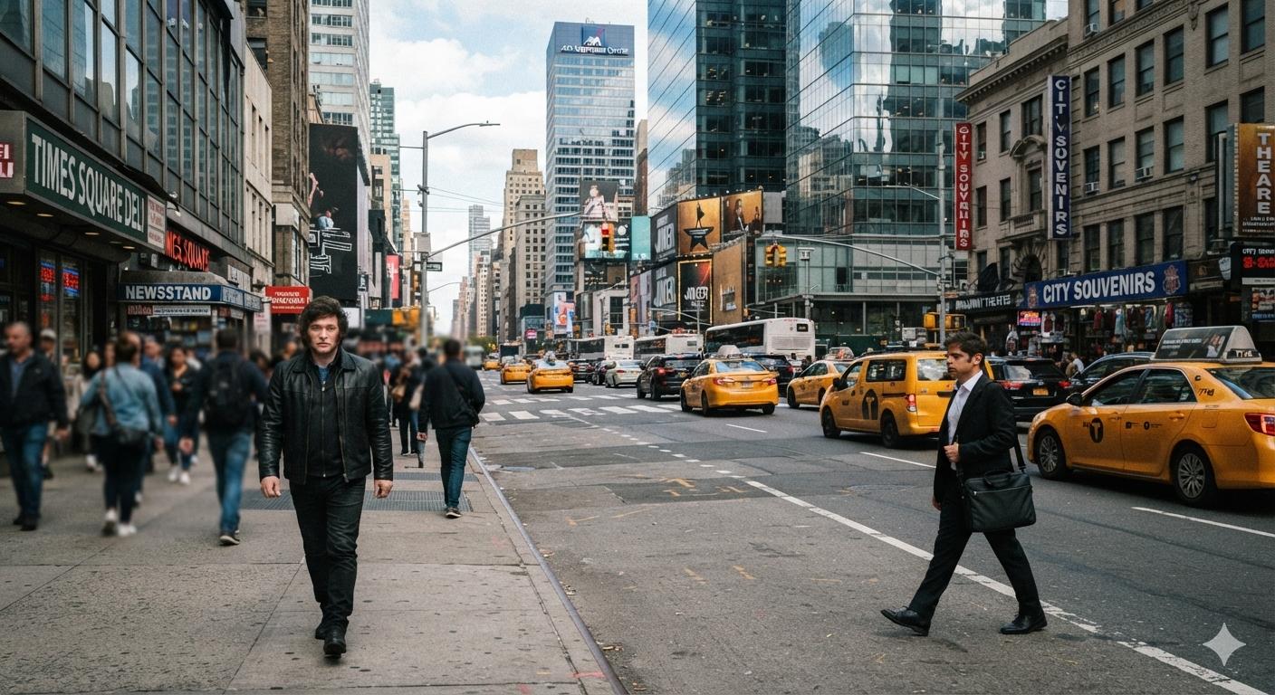 Imagen ilustrativa generada con inteligencia artificial: Milei y Kicillof caminando por Nueva York (no es una foto real)