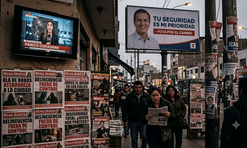Kiosco de diarios con tapas sobre inseguridad y un cartel de campaña de fondo