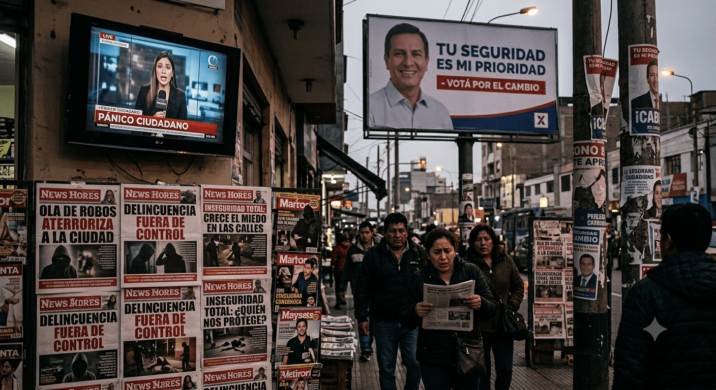 Kiosco de diarios con tapas sobre inseguridad y un cartel de campaña de fondo